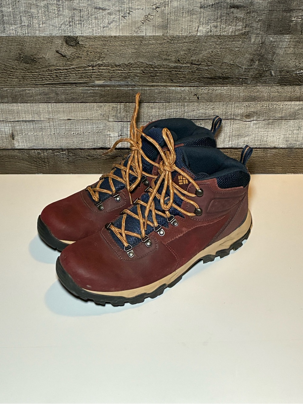 Columbia Men's Burgundy and Black Hiking Boots with Tan Outsole